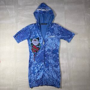 Ed Hardy Christian Audigier Womens XS Blue Skull Roses Hooded Zip Up Dress Y2K